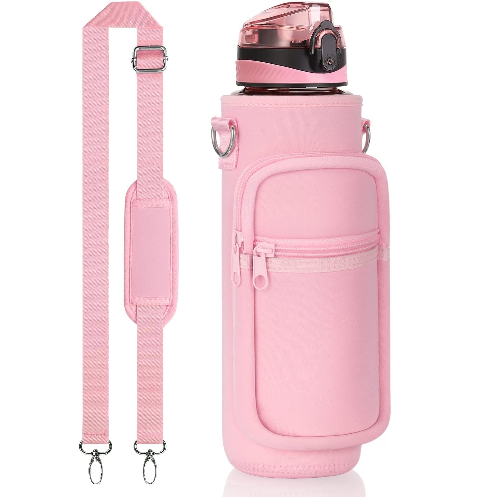Fimibuke 32 oz Water Bottle with Sleeve - BPA Free Leakproof Sport Large 1L Plastic Motivational Water Bottle with Straw & Strap & Insulated Neoprene Holder Carrier Bag for Kid Women Men(A2.Baby Pink)