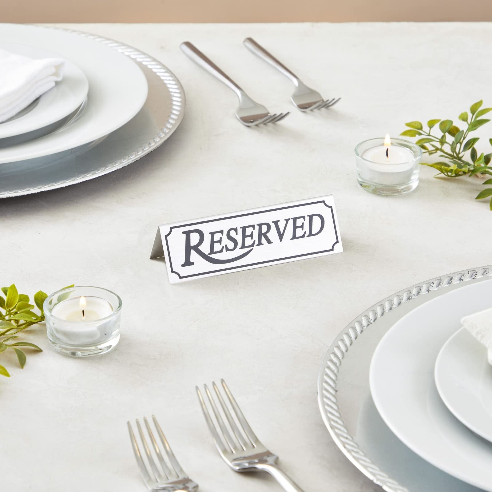 12-Pack Small Metal Reserved Table Signs for Restaurants  Dinner Parties  Bridal Showers  and Wedding Banquets  Anniversaries  Etched Silver Design (4.7x1.5 in)