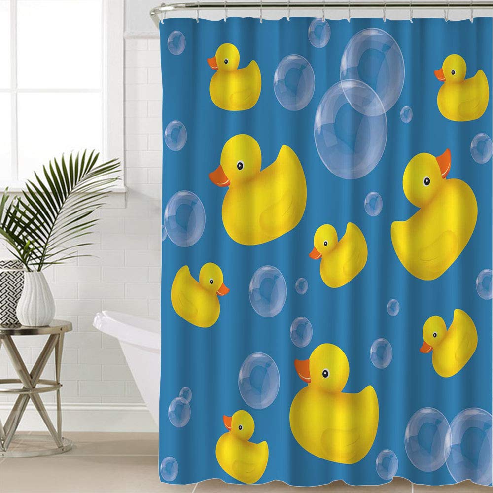 Hosnye Rubber Duck Shower Curtain 60X72 Inch Soap Bubble On Blue Polyester Stall Curtains With Hooks For Bathroom Showers