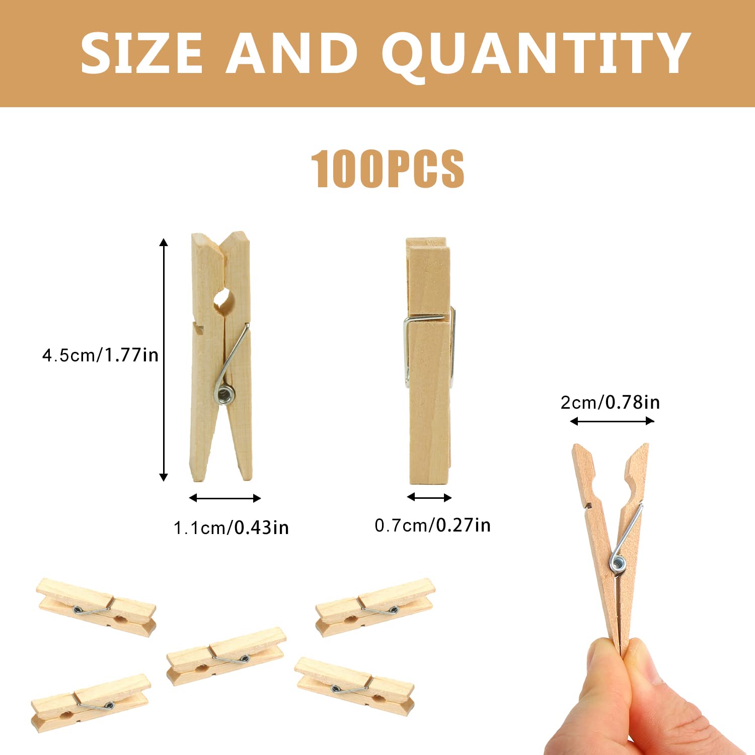 Kimober 1.77Inch Wooden Clothespins,Sturdy Natural Wooden Craft Peg Pins Clips For Photos Pictures Paper Crafts,100Pcs