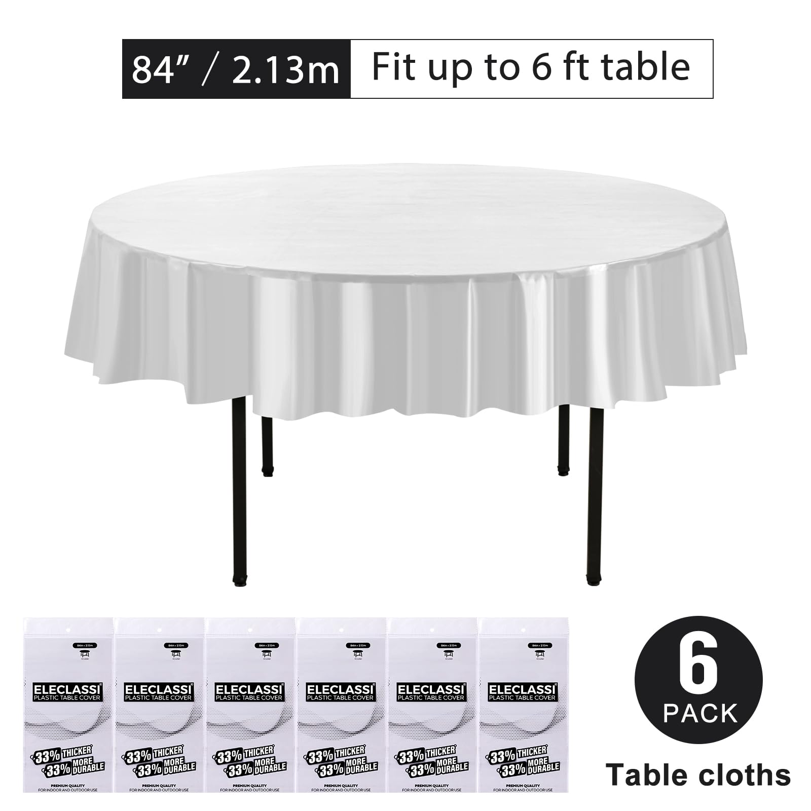 Eleclassi White 6 Pack Premium Round Disposable Plastic Tablecloth - 84 Inch Round Plastic Table Cloths For Parties Disposable T