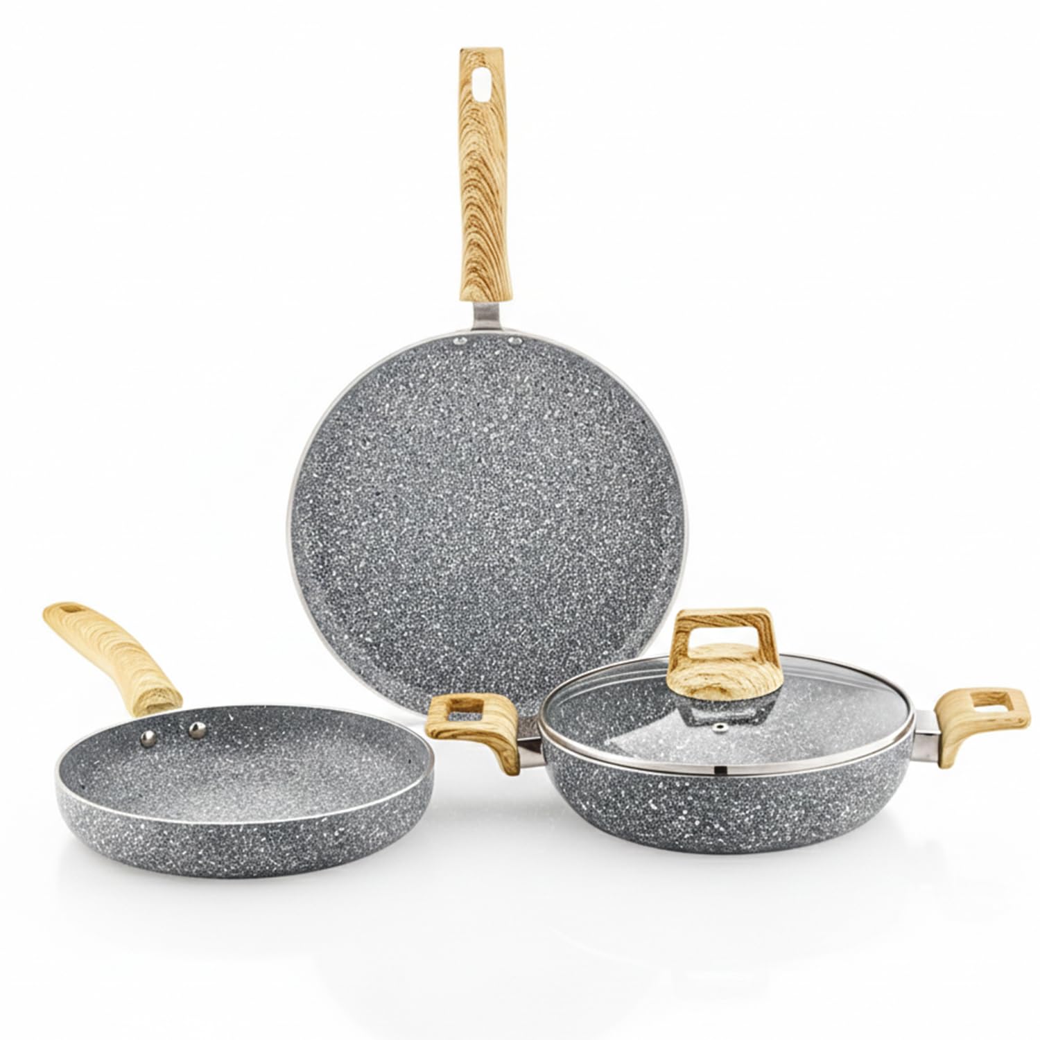 Amazon Basics Granite Finish Aluminium Non-Stick Induction Base Cookware | Set Of 3 | 24Cm Fry Pan, 24 Cm Kadai, 28Cm Tawa | Gra