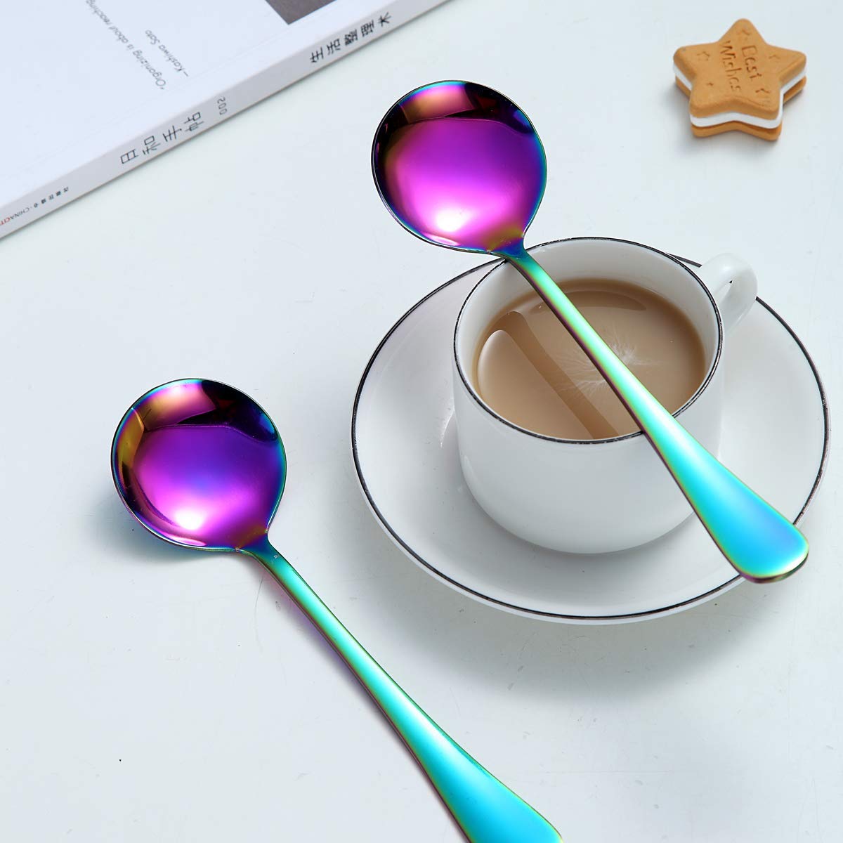 Rainbow Soup Spoon Of 4, Berglander 7.5'' Stainless Steel Titanium Plating Shiny Mutilcolor Round Spoons Silverware, Colorful Ta