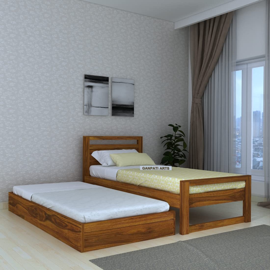 Ganpati Arts Sheesham Wood Rio Single Size Bed With Trundle Wooden Bed Furniture With Storage For Living Room Home (Natural Fini