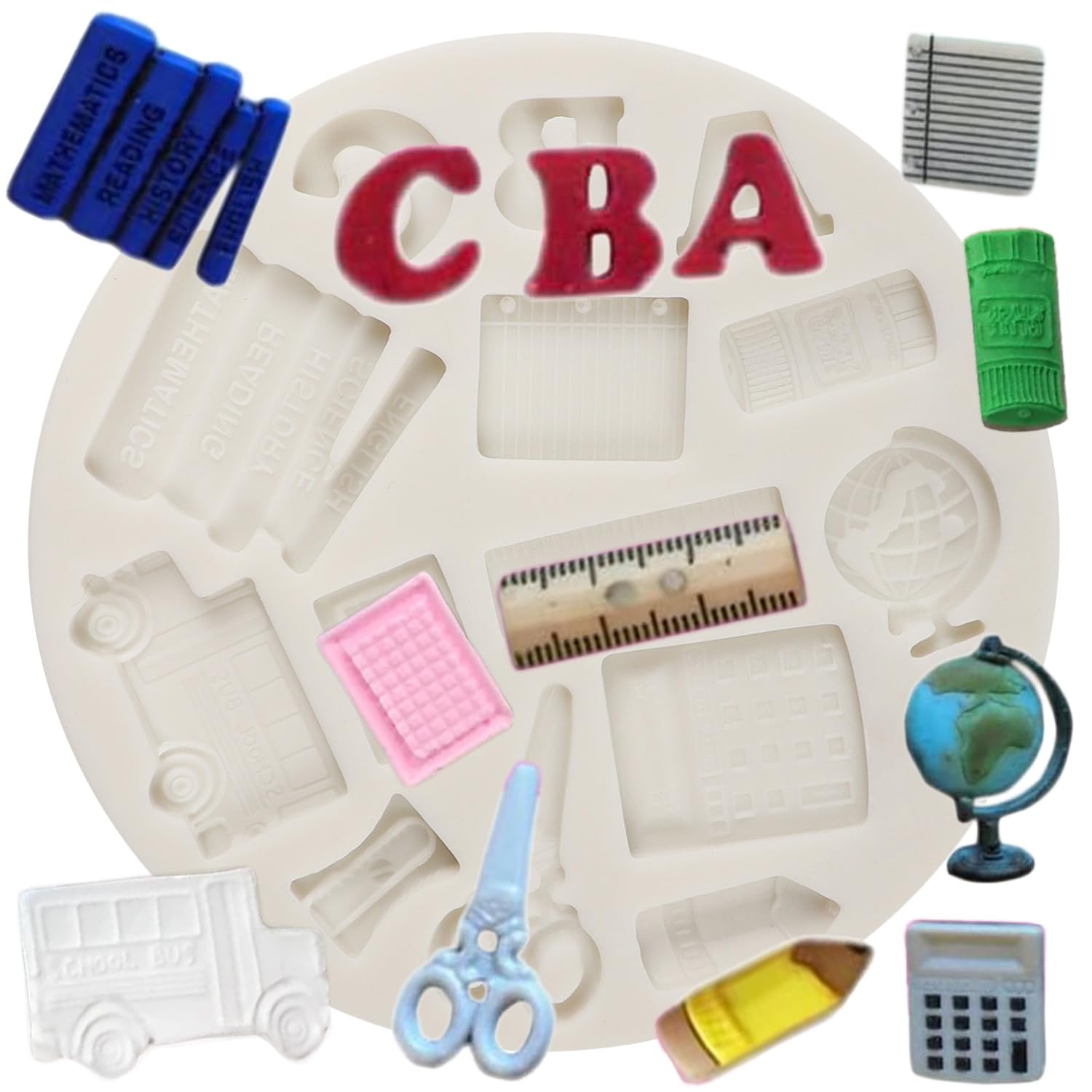 Qdmolds Back To School Silicone Molds Globe School Bus Crayon Ruler Scissors Pen Palette Calculator Fondant Molds For Cake Decor
