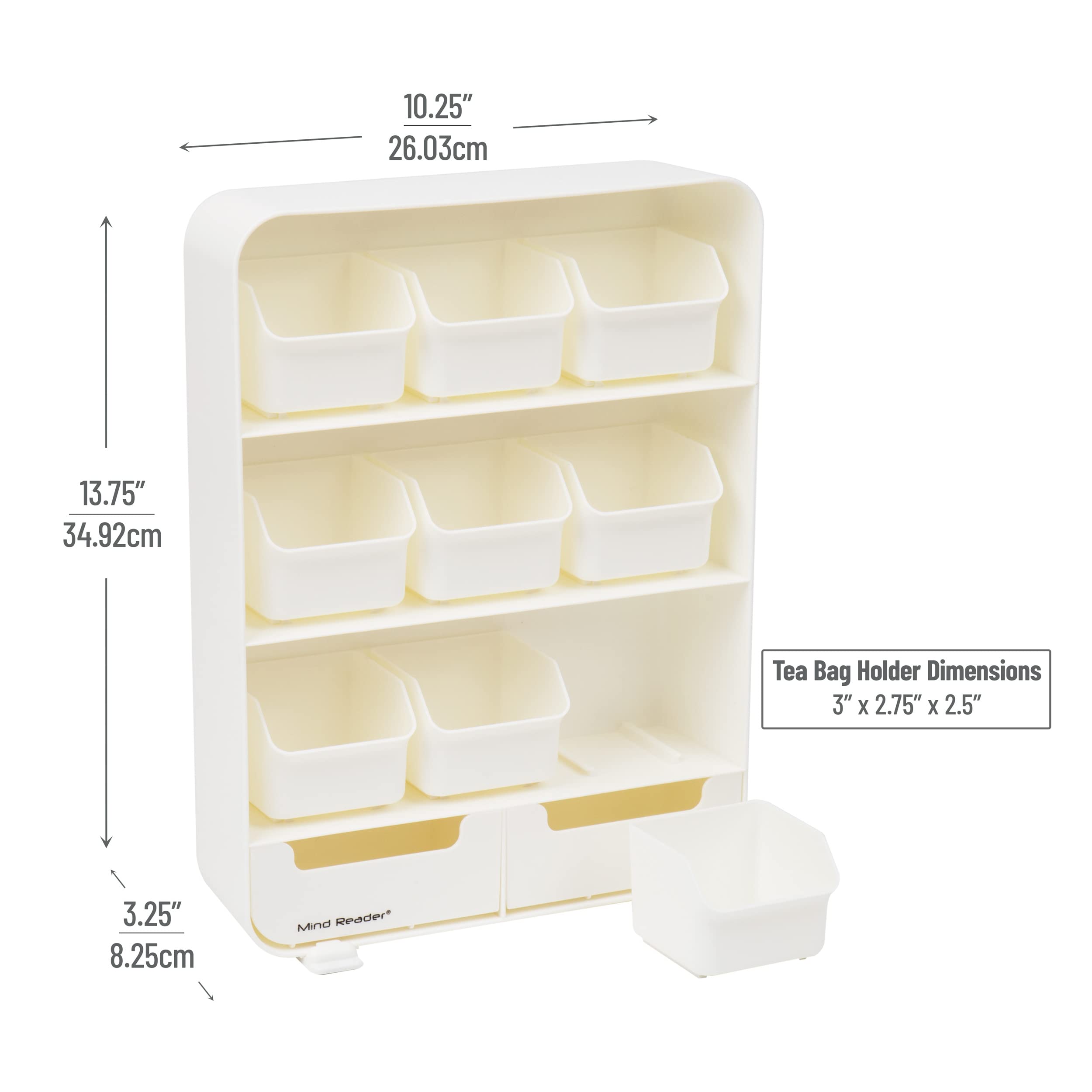 Mind Reader Tea Bag Organizer - Plastic Kitchen Storage, 10.25"L x 3.25"W x 13.75"H, White, Model TBORG-WHT