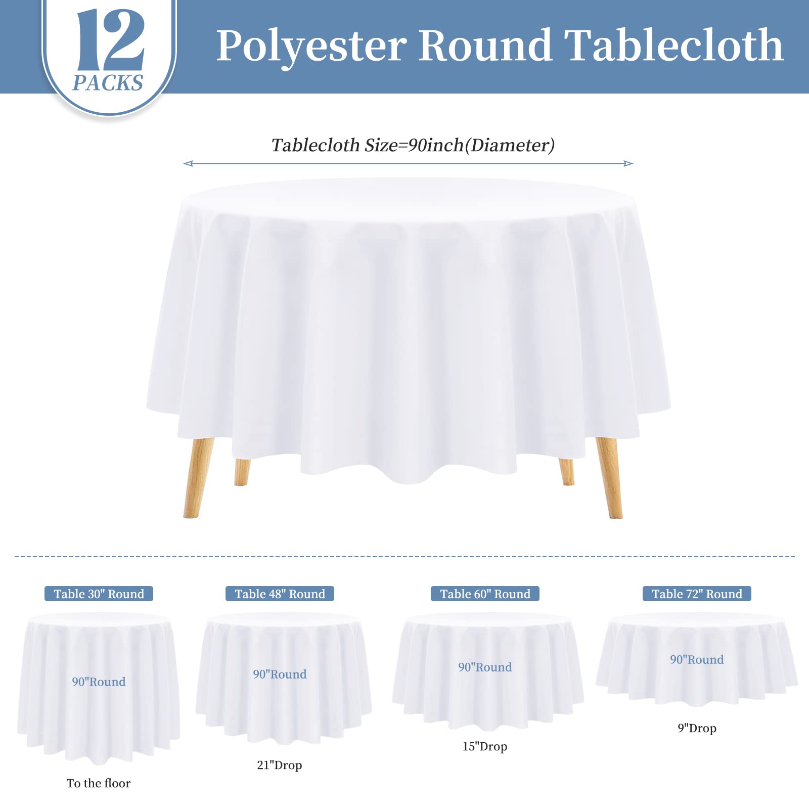 Pesonlook 12 Pack Round Tablecloth White Polyester Round Table Cloths 90 Inch Washable Fabric Round Table Cover White Tablecloth for Wedding/Party/Banquet/Dining/Buffet Table(White/90 Inch)