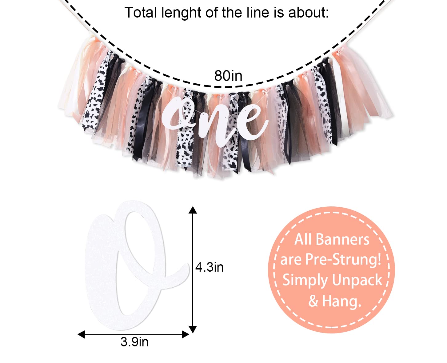 Cow Theme High Chair Banner Tutu Skirt - Farm Peach Coral Birthday Decoration - 1St/First Highchair Banner,Girl Birthday Party P
