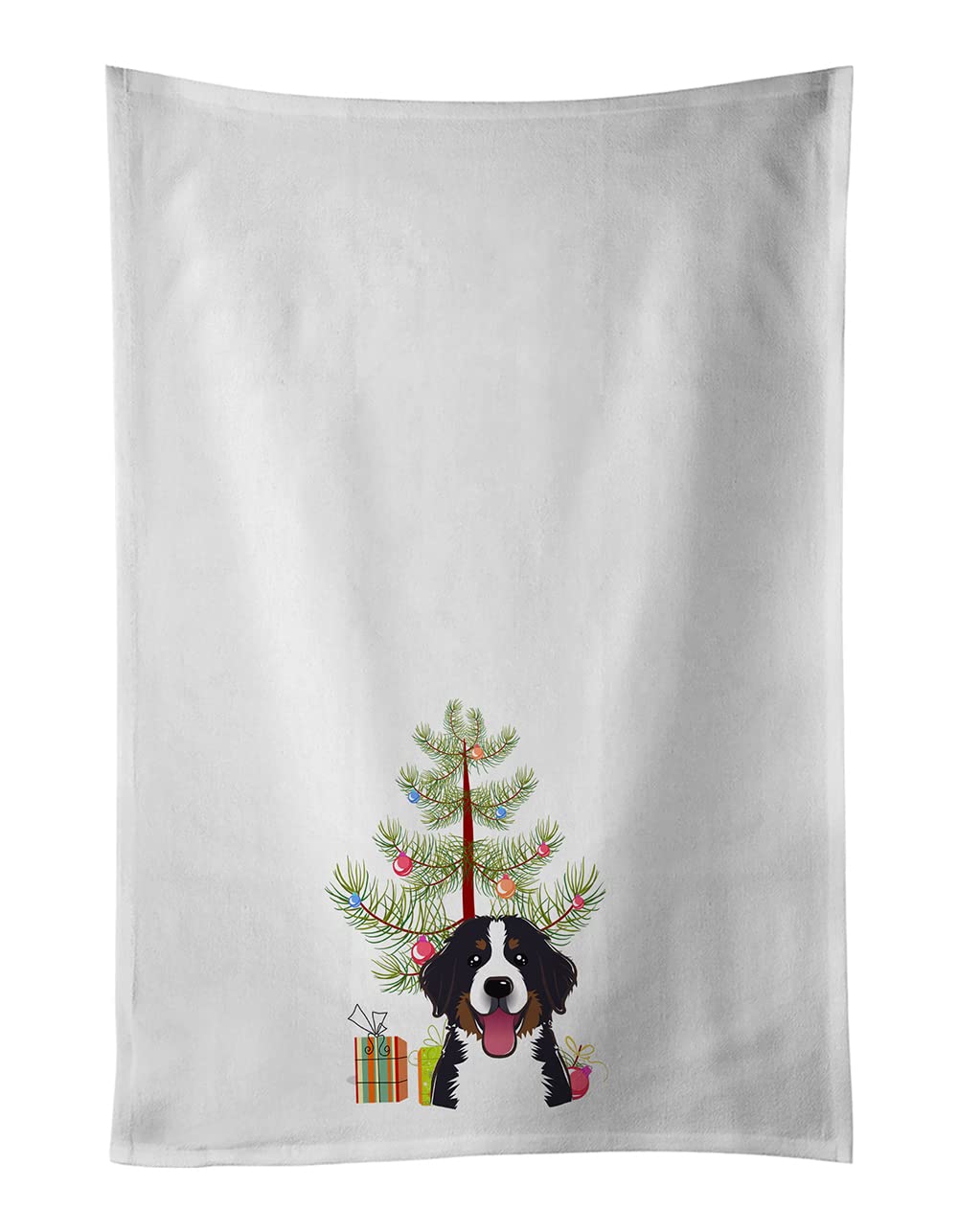Christmas Tree and Bernese Mountain Dog White Kitchen Towel Set of 2