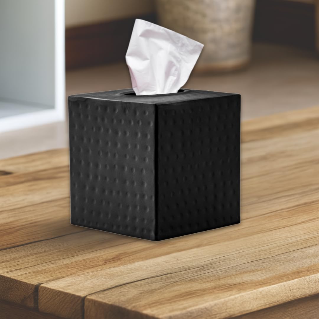 Monarch Abode 19127 Hand Hammered Tissue Box Square Cover Holder and Dispenser  Metal Dresser Accessories for Home and Office Bathroom Decor Vanity  Decorative Tissue Box Holder  Black