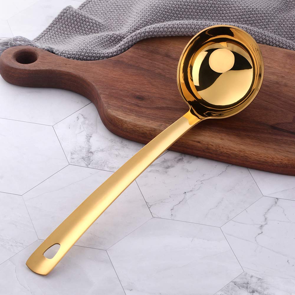Gold Soup Ladle, Buygo Large Serving Soup Spoon Stainless Steel Long Handle Soup Pan Ladle For Cooking, Stirring, Dishwasher Saf