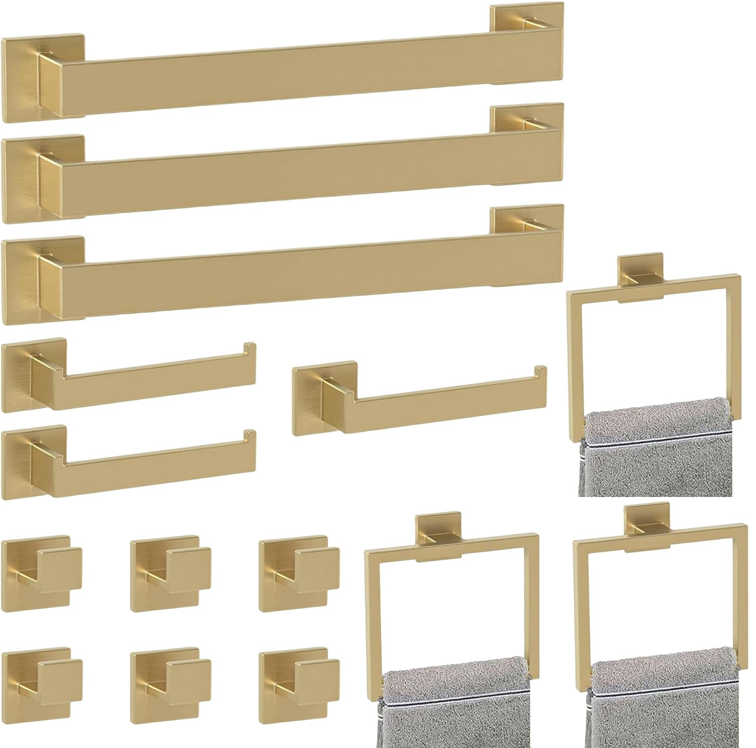 Bathroom Accessory Towel Bar Set: 15 Pieces Gold Bathroom Hardware Square SUS304 Stainless Steel - Wall Mounted Towel Rack&Toile