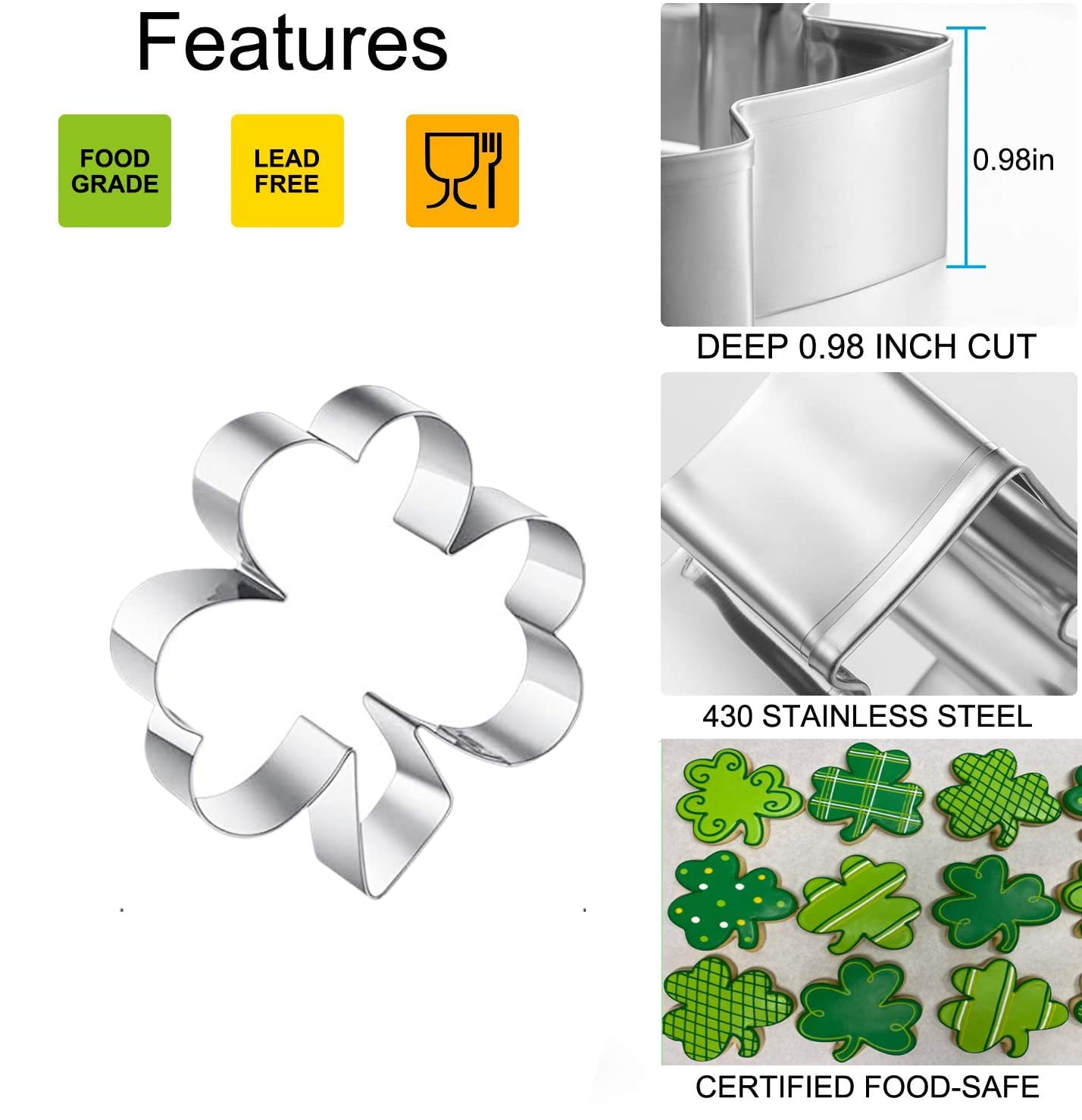 Clover Cookie Cutter Set, 4-Piece St. Patrick'S Day Shamrock Cookie Cutter Set, Metal Irish Holiday Party Supplies 4'', 3.2'', 1
