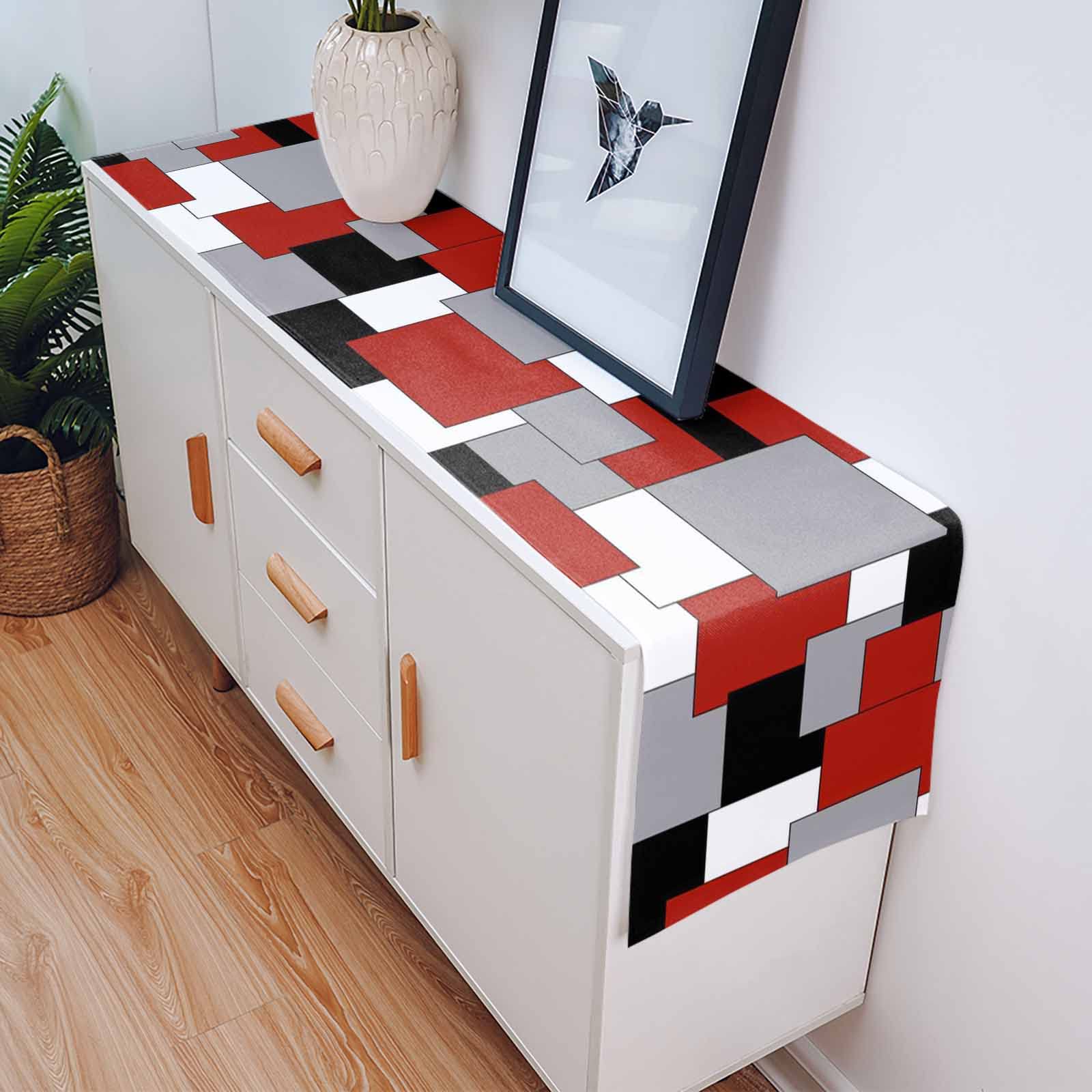 Irregular Geo Cotton Linen Table Runner Dresser Scarves,White Grey Black Red Abstract Geometric Table Runners For Dinning Table,