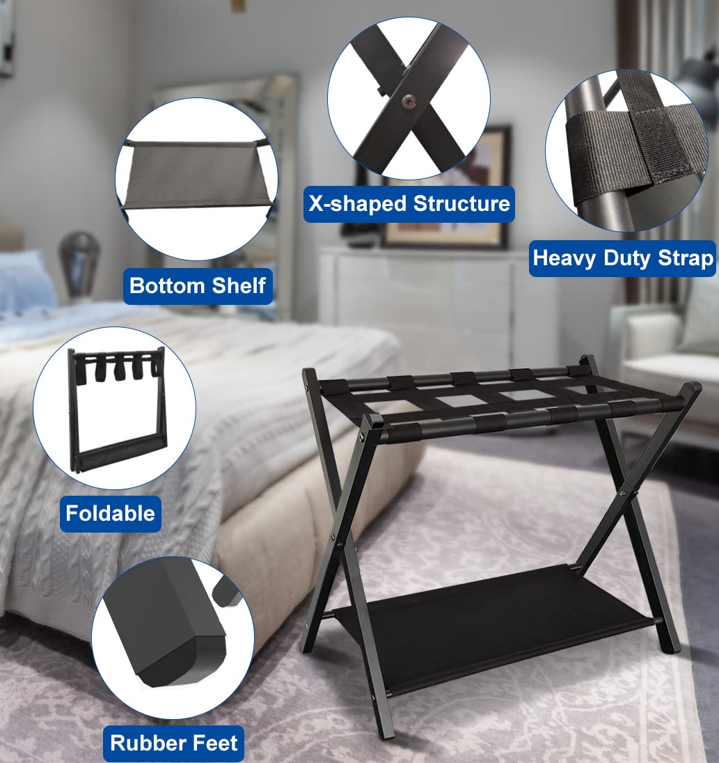 Queension Folding Luggage Rack Stand With Shelf For Guest Room, Foldable Metal Suitcase Storage Caddy Holder For Bedroom Hotel E
