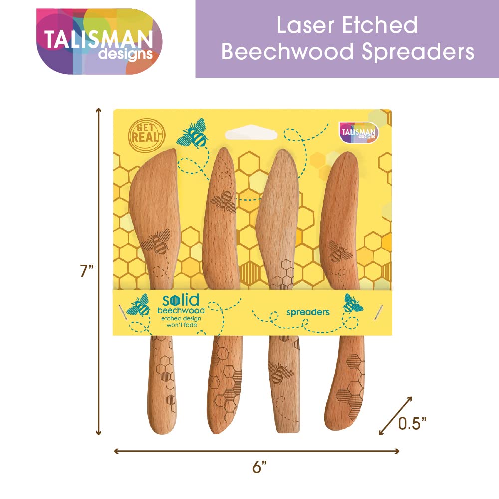 Talisman Designs Laser Etched Beechwood Spreaders | Set Of 4 Honey Bee Design | Cutting, & Spreading Cheese | Cute & Functional