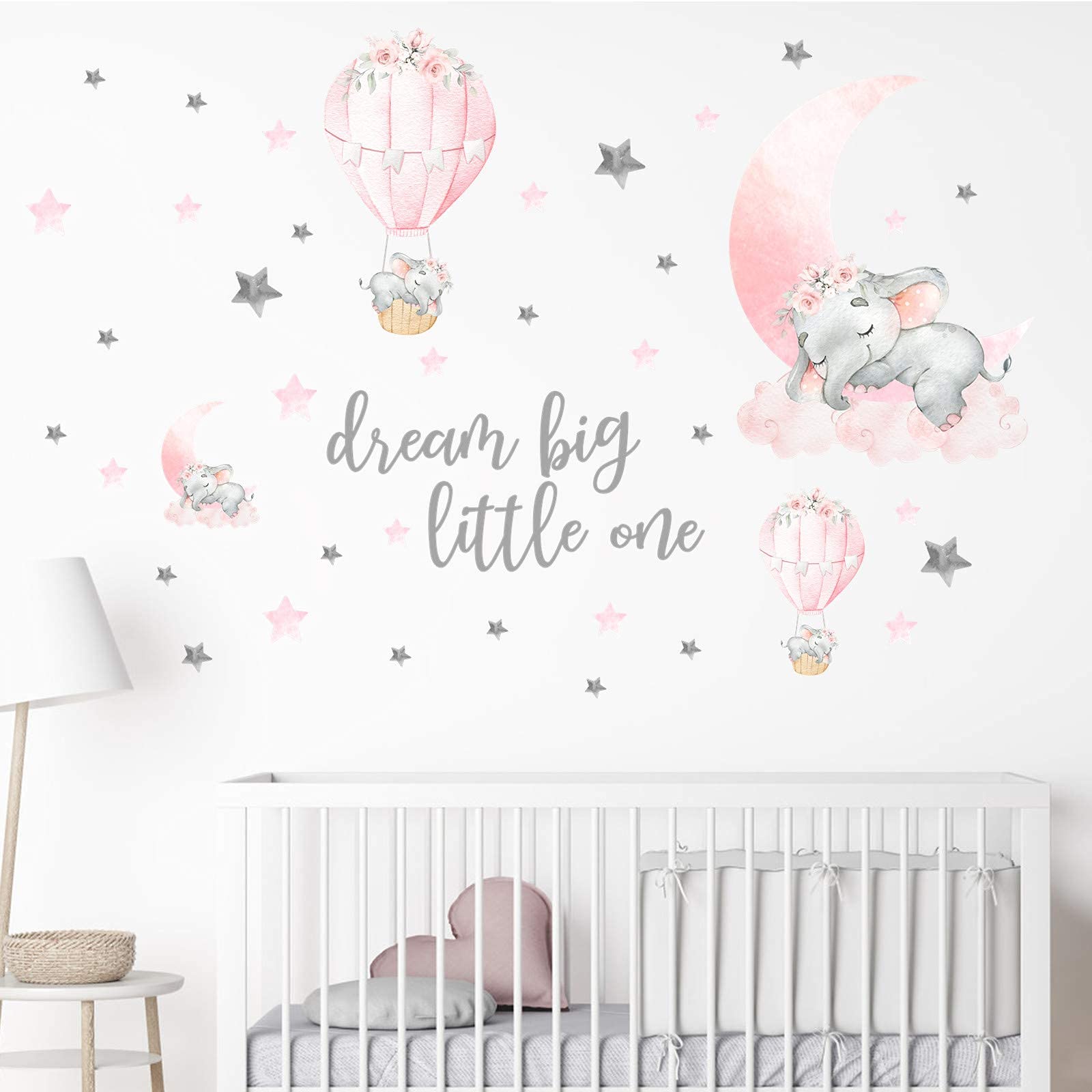 Yovkky Girls Sleeping Elephant Dream Big Little One Nursery Wall Decals Stickers  Watercolor Pink Moon Hot Air Balloon Grey Star Crib Decor  Home Baby Shower Toddler Room Decorations Kids Bedroom Art
