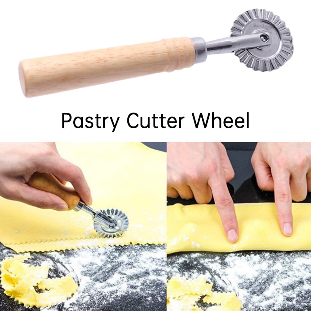 Pastry Wheel Cutter,Pasta Cutter Wheel With Long Wooden Handle,Zinc Alloy Dough Ravioli Cutter Wheel With Roller,Pizza Cutter Wh