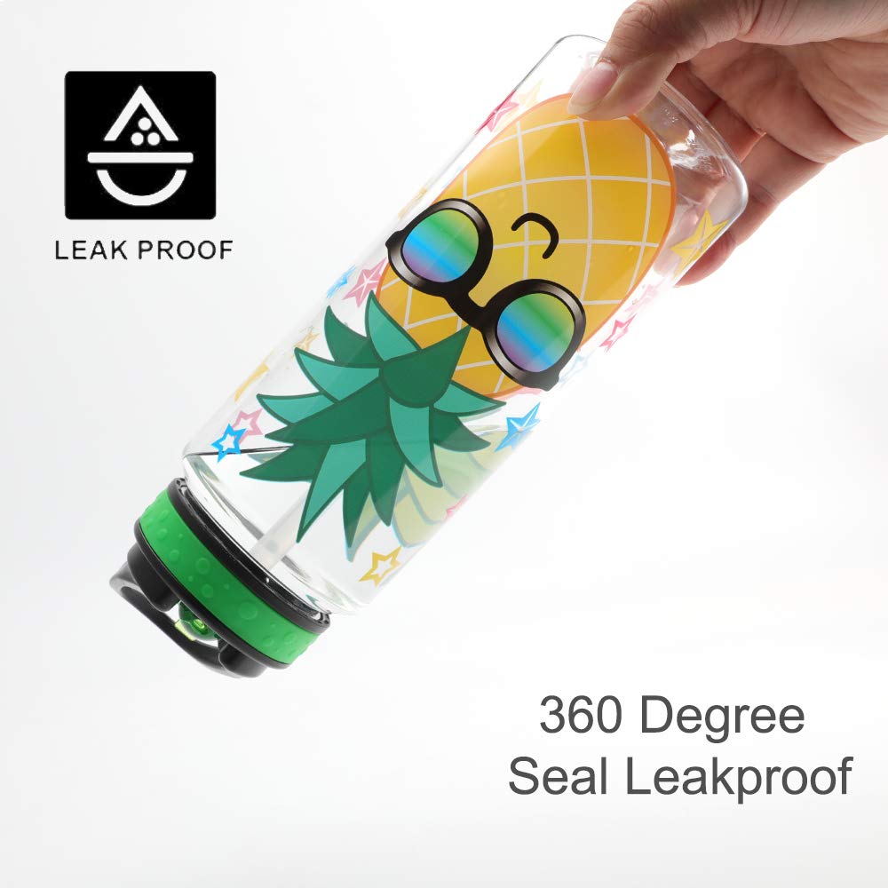 HomTune Cute Water Bottle with Straw for School Kids Girls  BPA FREE Tritan & Leak Proof & Easy Clean & Carry Handle  23oz/ 680ml - Pineapple