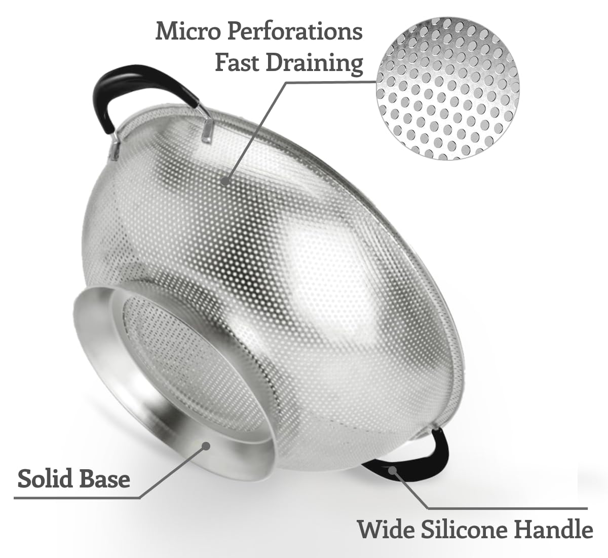 5 Qt Colander 18/8 Stainless Steel Colander Silicone Handle Easy Grip Micro-Perforated Strainer Heavy Duty And Self-Draining Sol