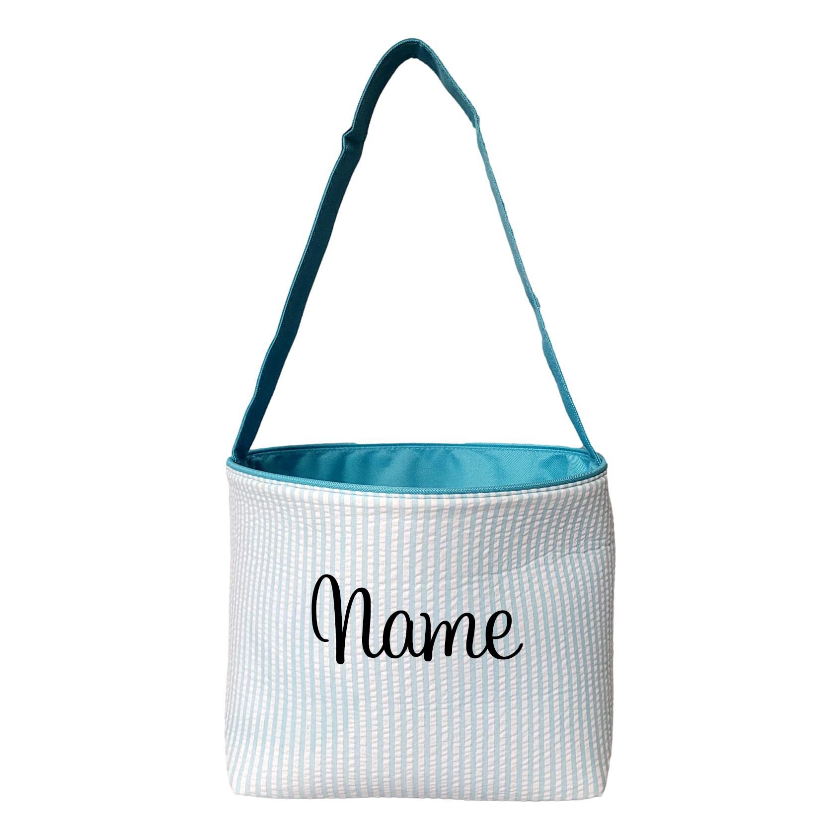 SONA G DESIGNS Personalize with a Name Aqua Seersucker Stripe Fabric Easter Basket Bucket Tote Bag - Egg Collecting