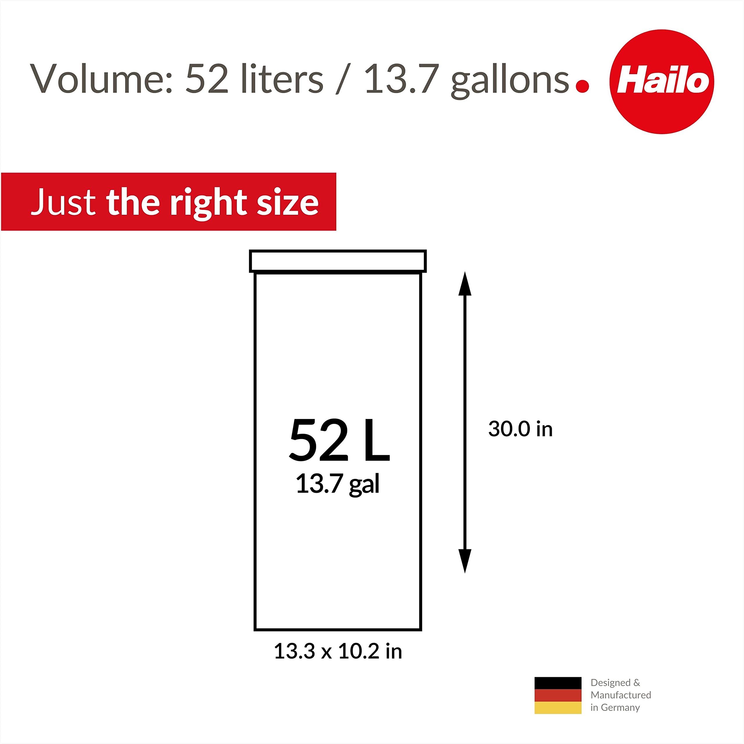 Hailo 0860-211 Big-Box Xl 1 X 52 Liters / 13.7 Gallons | Self-Closing Swing Lid | Stainless Steel Liner Clamping Frame | Waste B