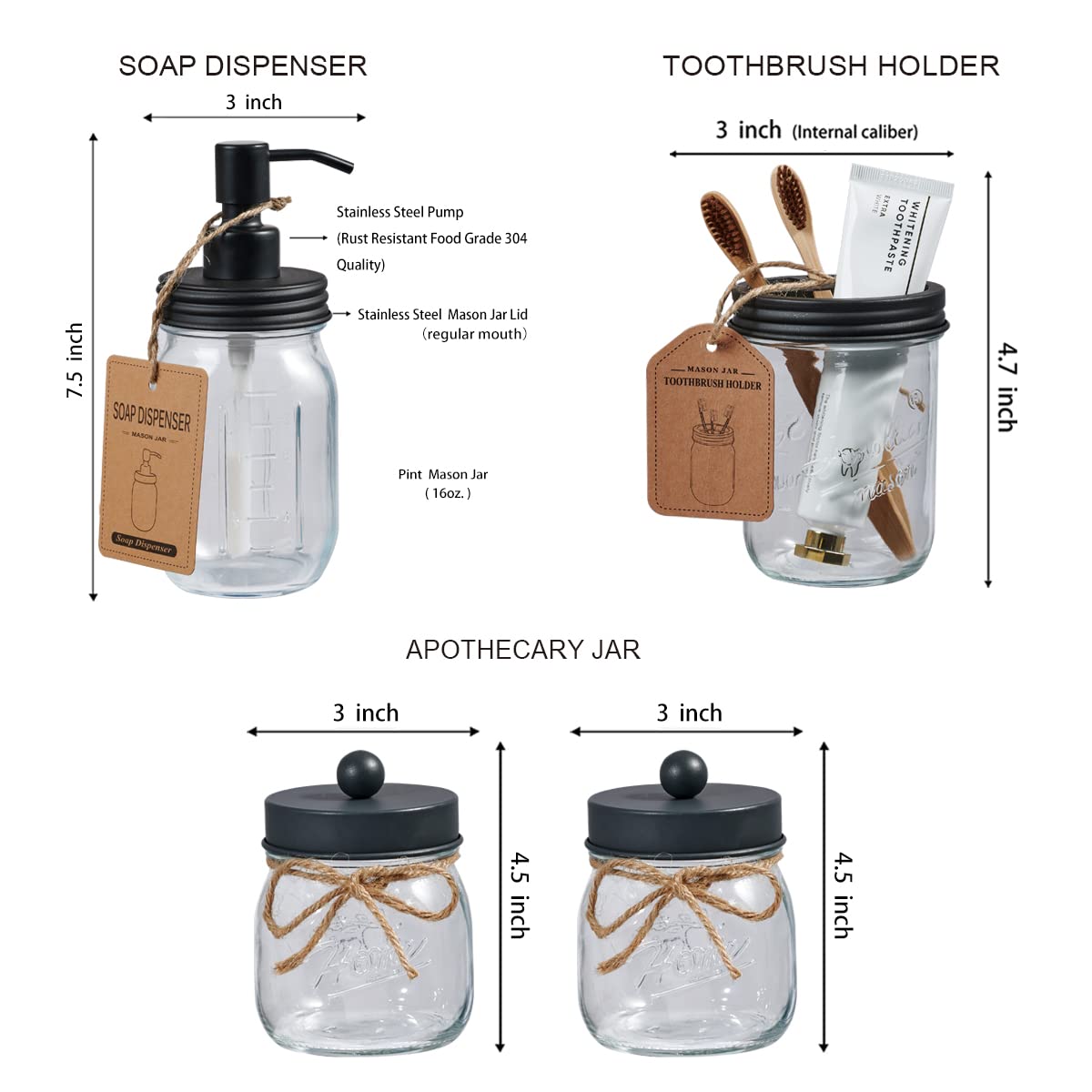 Sheechung Mason Jar Bathroom Accessories Set (6Pcs), Bathroom Decor - Lotion Soap Dispenser, Toothbrush Holder, 2 Apothecary Jar