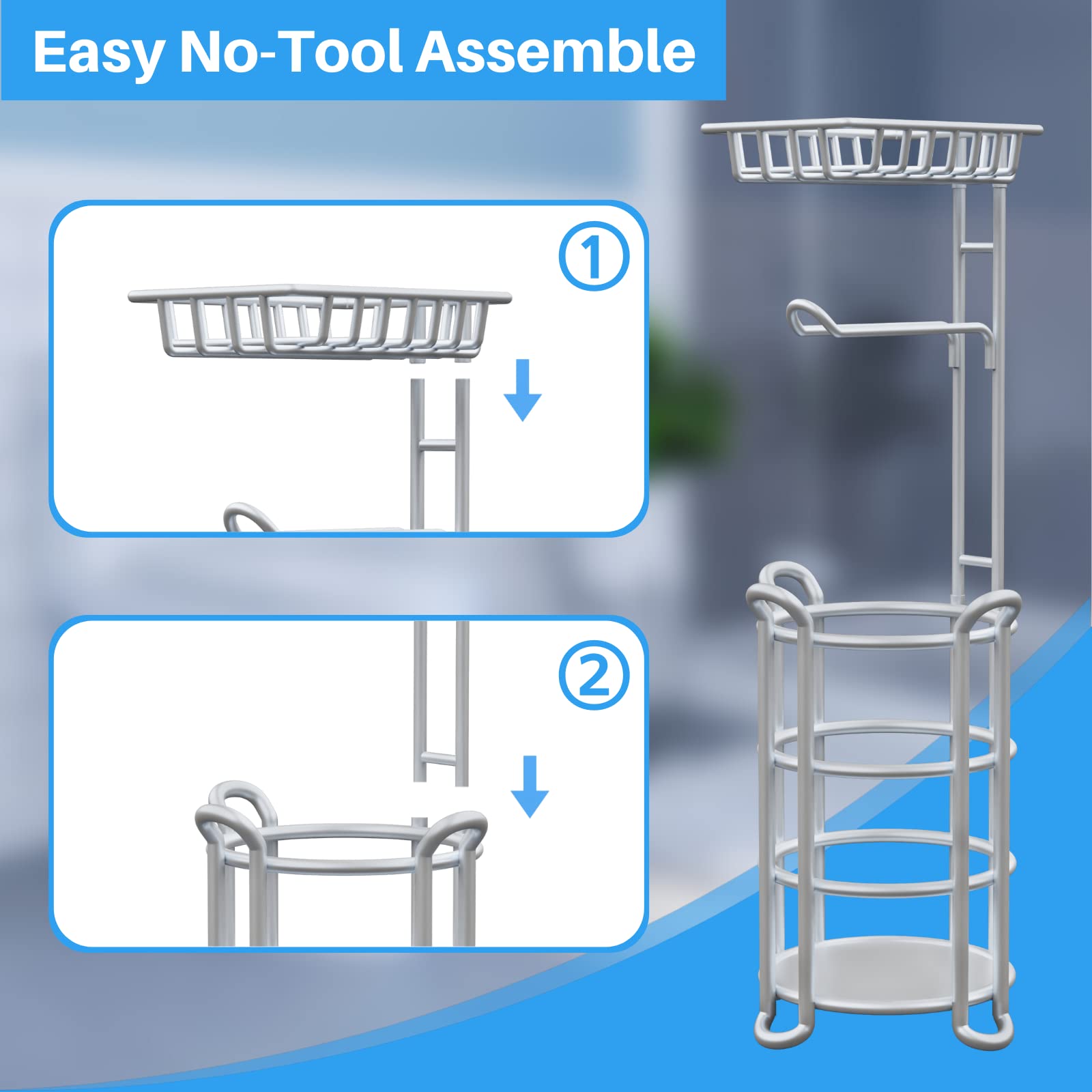 Toilet Paper Holder Stand With Shelf For Phone, Free Standing Tissue Roll Storage And Dispenser Rack For 4 Mega Rolls, Silver Gr