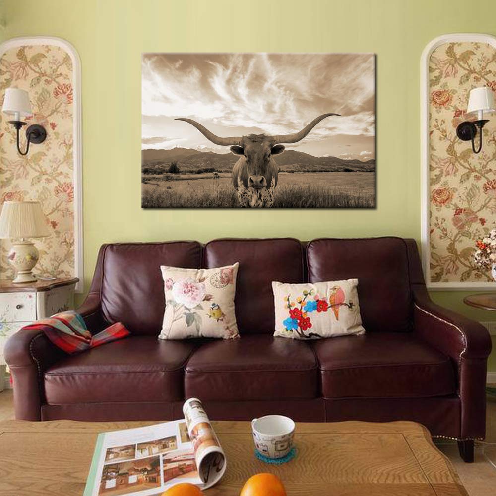 KREATIVE ARTS Sepia Animal Canvas Wall Art Highland Cattle with Long Horns Picture Texas Longhorn in Sunset Farm Painting for Home Decor Modern Living Room Decorations Ready to Hang 24x36in