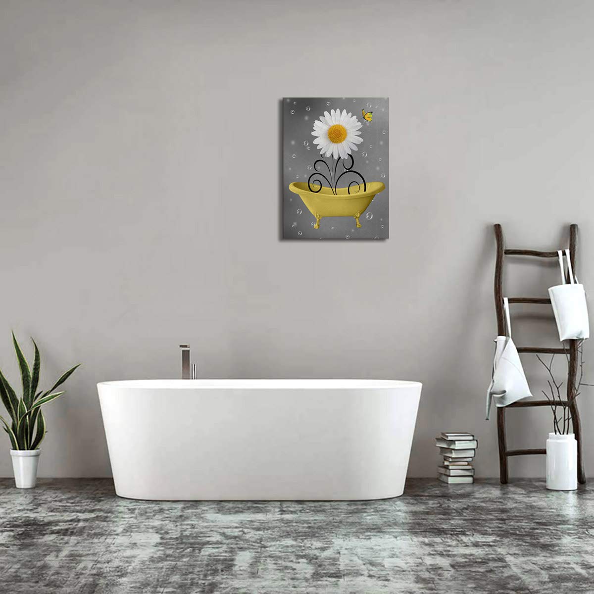 Bathroom Wall Art Daisy Canvas Pictures Modern Flower Bathtub Artwork Rustic Wood Board Background Contemporary Wall Art Decor B