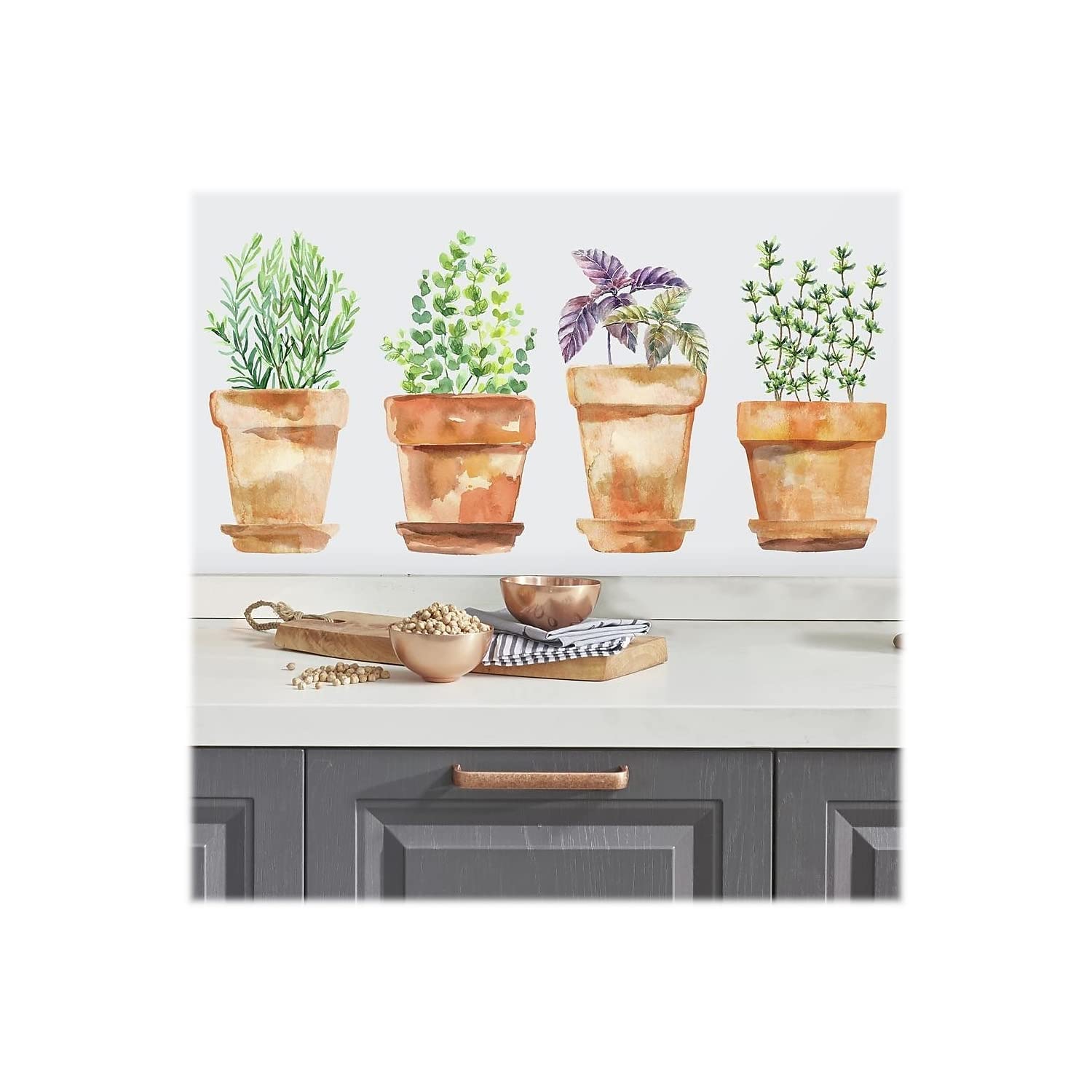Roommates Rmk3652Scs Watercolor Potted Herbs Peel And Stick Wall Decals 4 Sheets 9 Inches X 17.375 Inches