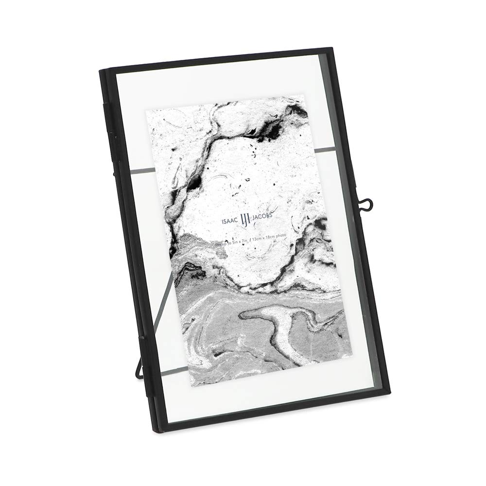 Isaac Jacobs 5x7, Black Modern Style Brass and Glass, Pressed Glass, Metal Floating Desk Photo Frame (Vertical), with Locket Clo