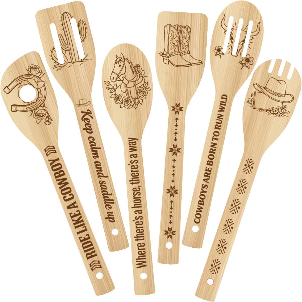 PRESSINART 6Pcs 6 Styles Cowboy Cooking Utensils Set Cute Pattern 2.4 x 11.8 Inch, Bamboo Cooking Spoon Set Durable Wooden Kitch