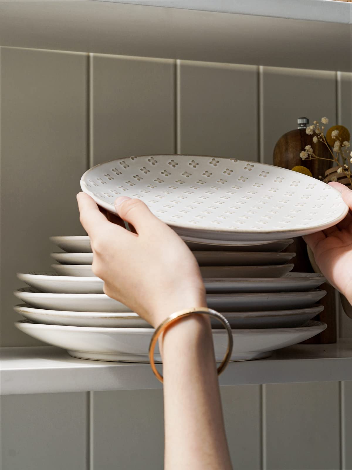 Le Tauci Salad Plates 8 Inch, Ceramic Embossment Plate Set For Dessert Appetizer Small Dinner, Suit For Housewarming Wedding -Se