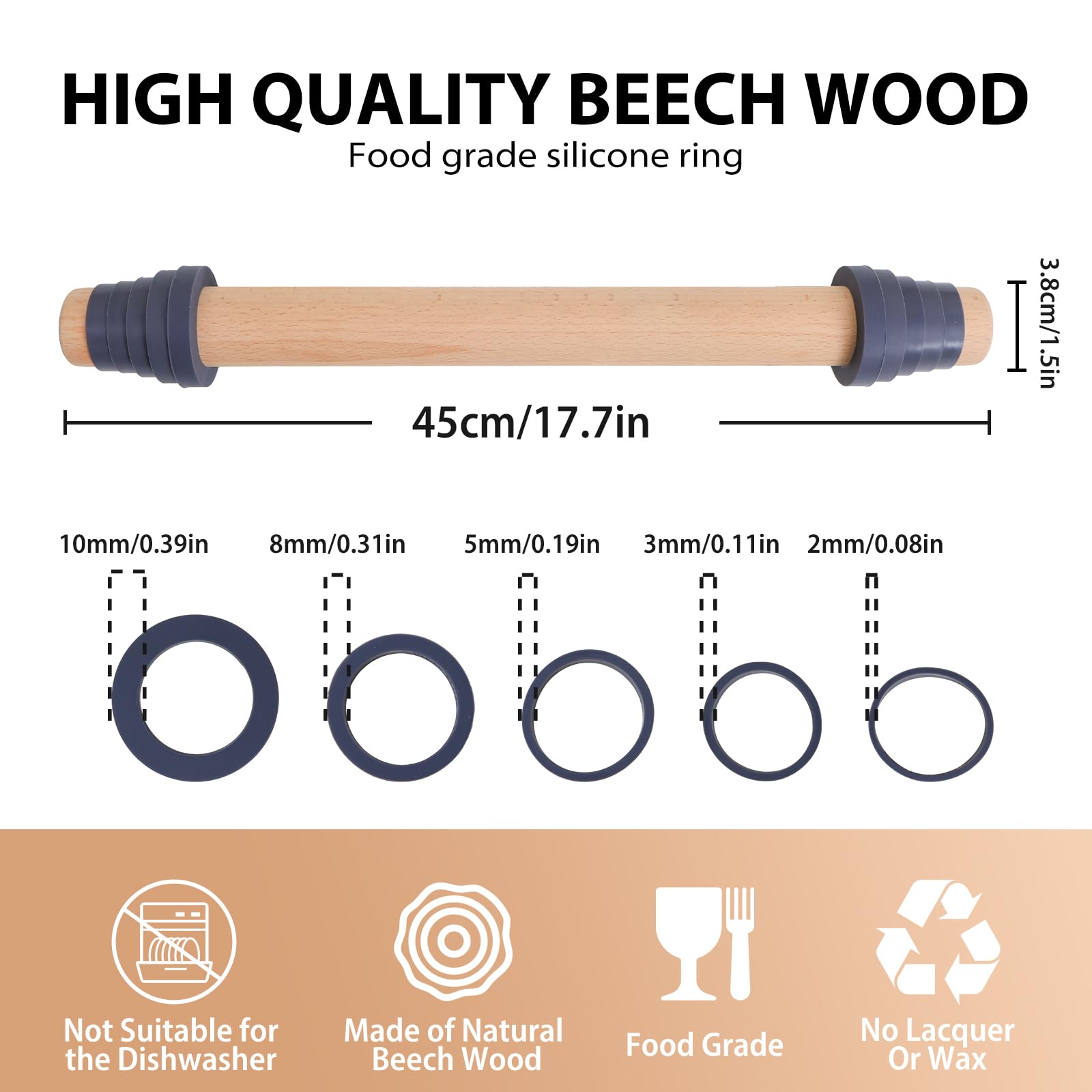 Adjustable 17.5 Inches Wood Rolling Pin With Thickness Rings For Baking -Non Stick Wooden Dough Roller Pin With Spacer Bands For