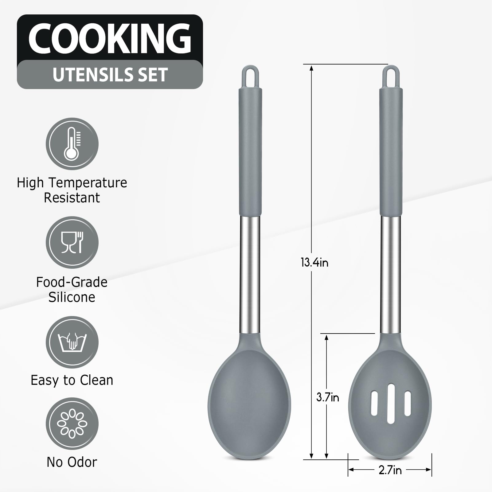Pack Of 2 Large Silicone Cooking Spoons, Non-Stick Stainless Steel Slotted And Solid Spoon Set For Serving, Mixing, Draining, He