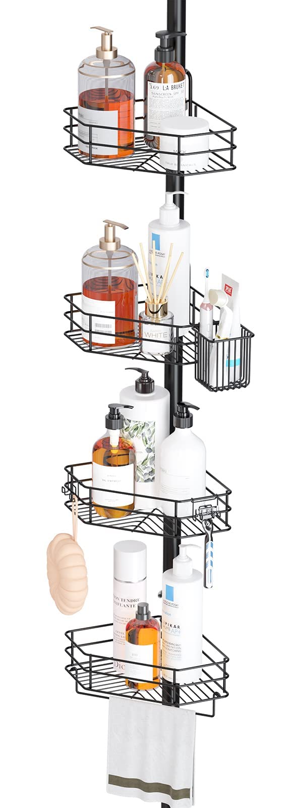 Seirione Rustproof Corner Shower Caddy Organizer, 4 Large Baskets For Storage Bathroom Accessories, Tension Pole Extend From 56