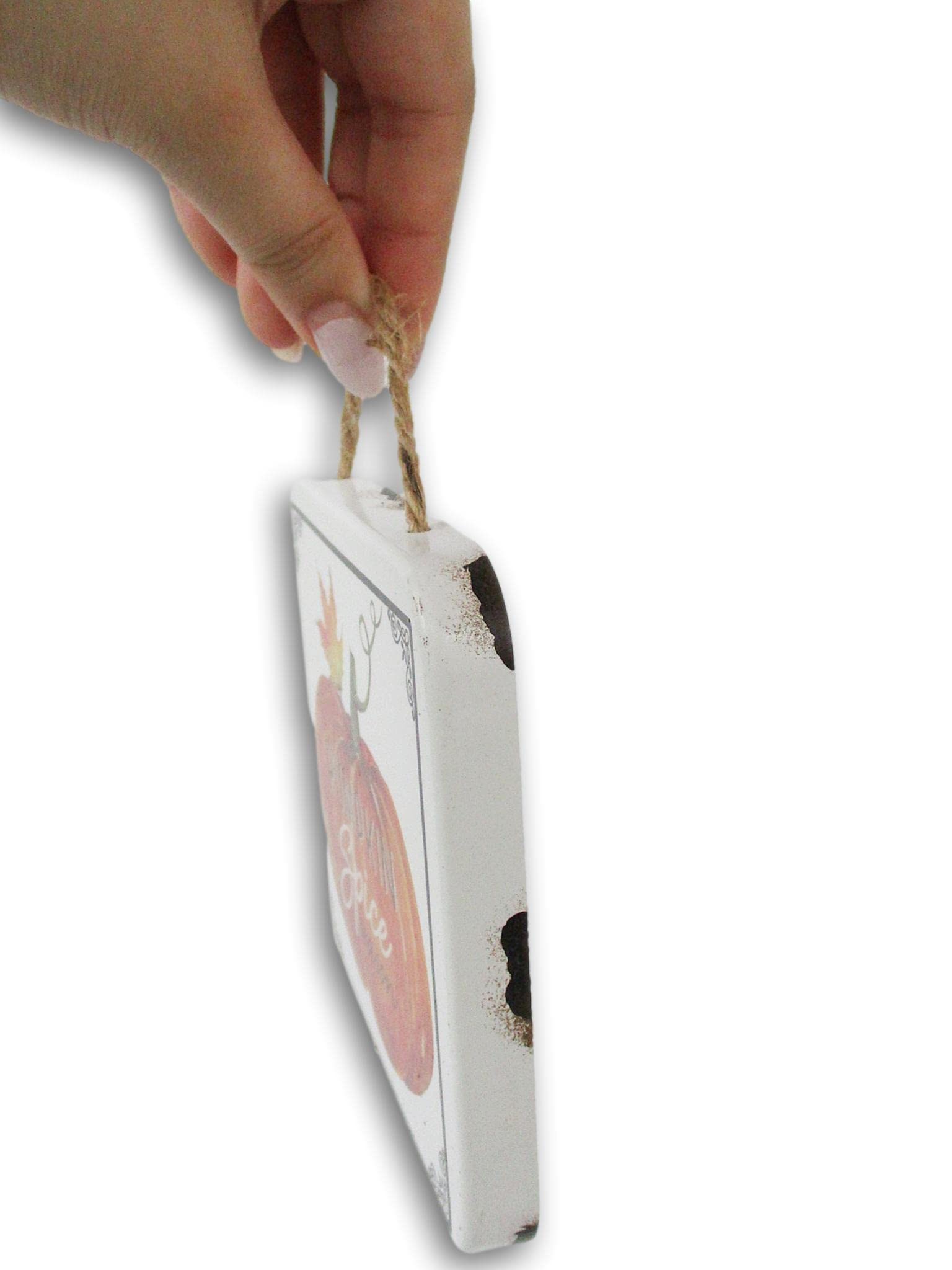 Craft Supply Fall Autumn Thanksgiving Metal Decor Sign - Small White Hanging Wall Decor - 5 x 5 Inches (Pumpkin Spice Season)