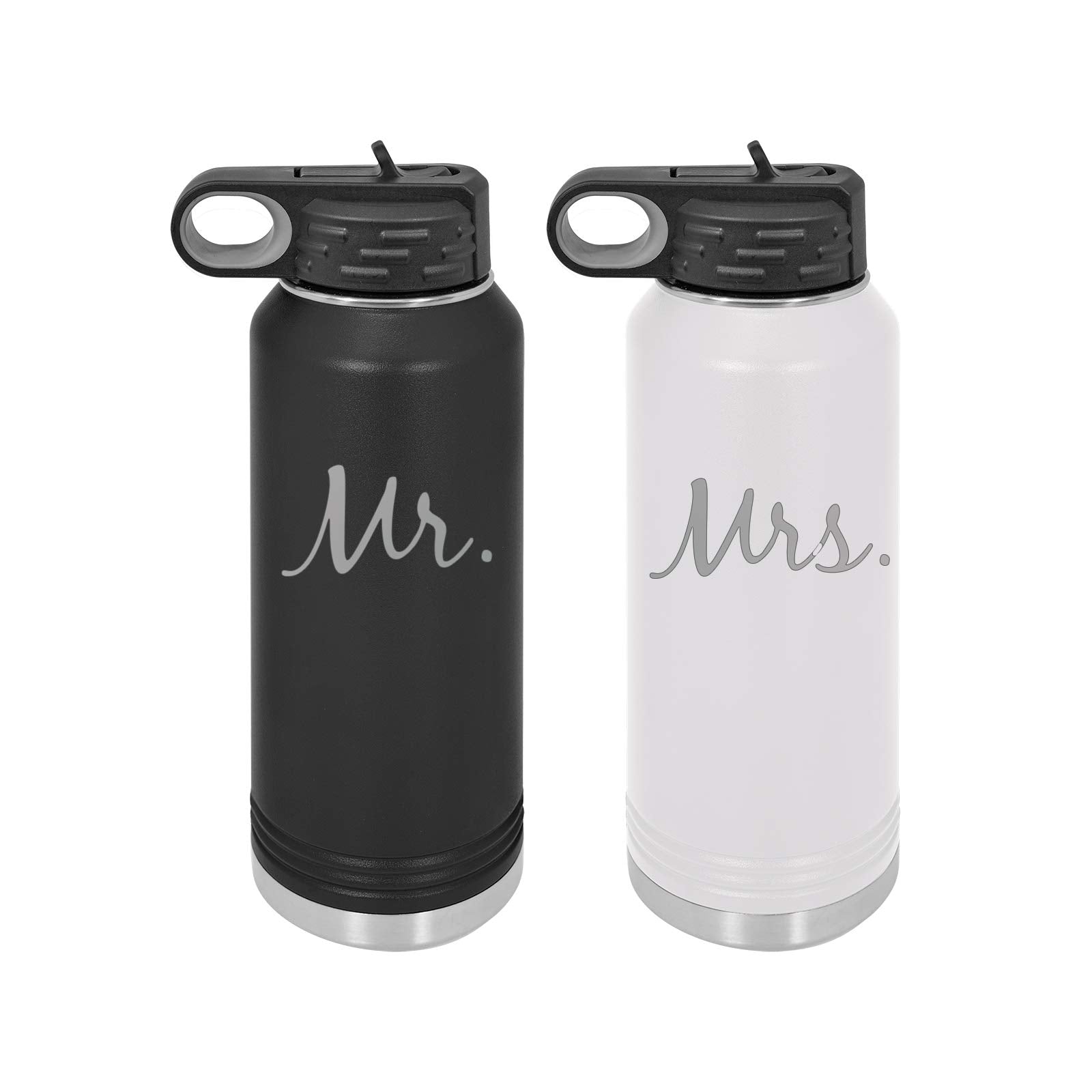 Mr And Mrs - 32-Ounce Engraved Double Wall Insulated Stainless Steel Sports Matching Water Bottles With Flip Top Lid, Straw