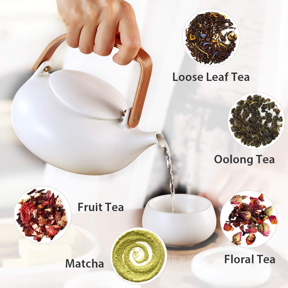 ZENS Teapot with Infuser, Ceramic Japanese 2cup Teapot for Loose Leaf Tea, 800ml Small Matte White Porcelain Tea Pot Gift with M
