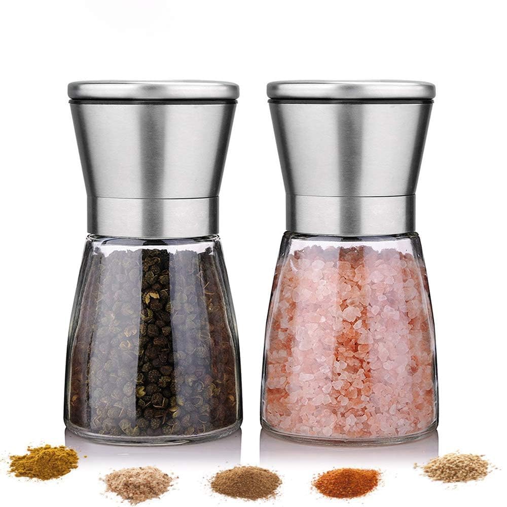 Stainless Steel Salt & Pepper Grinder with Lid  Ceramic Blades Glass Body Spice & Salt Shaker Adjustable Coarseness Pepper & Salt Mill