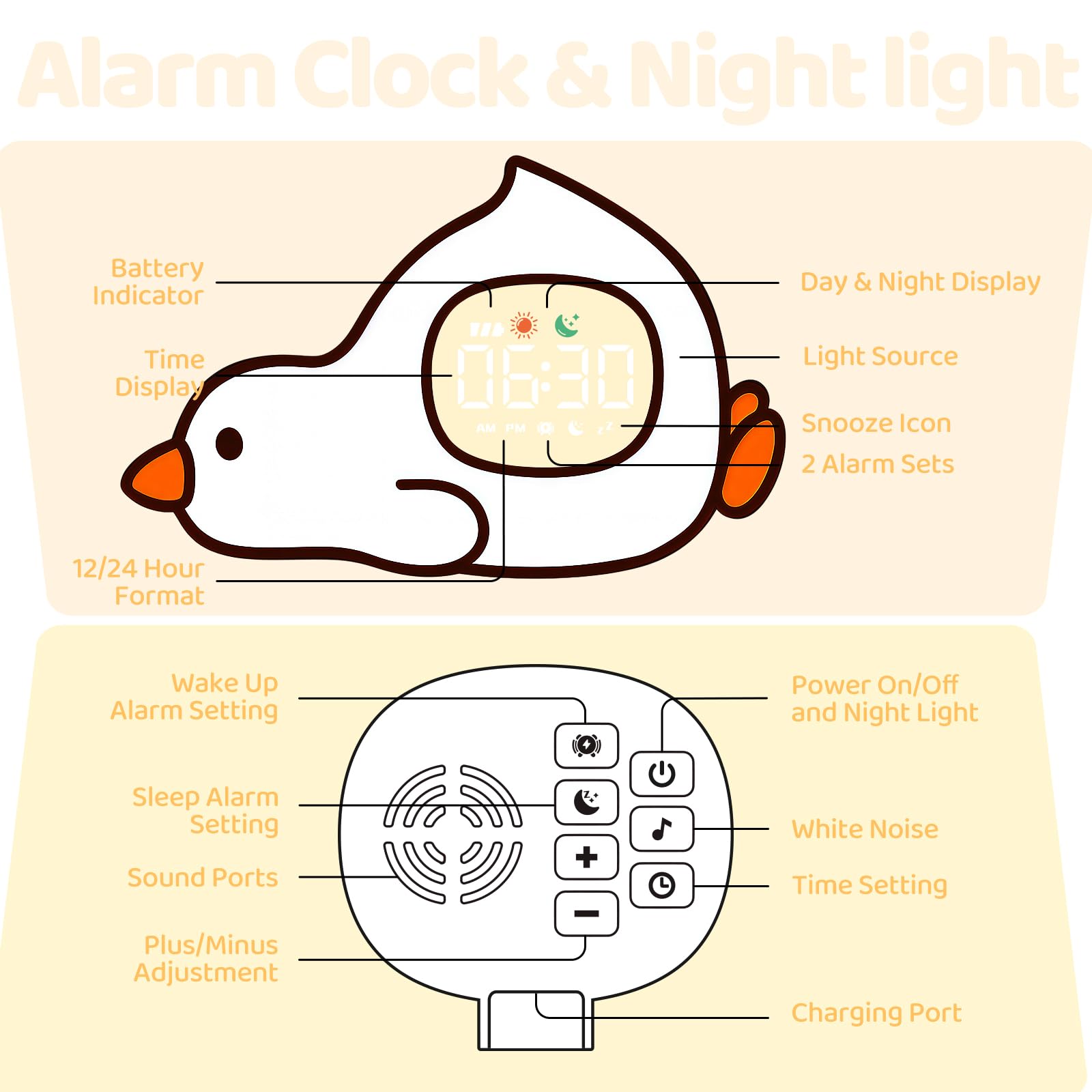 Aokpsrt Laying Duck Alarm Clock with Night Light, Sleep Training Sound Machine, Rechargeable Silicone Lamp, White