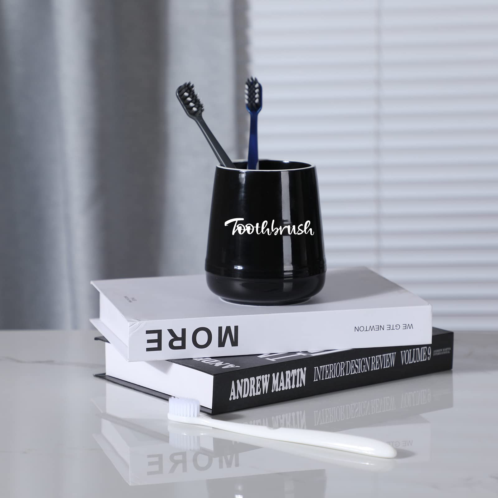 Leetoyi Porcelain Toothbrush Holder For Bathroom Vanity And Countertop, Brushing Holder Easy To Clean (Black)