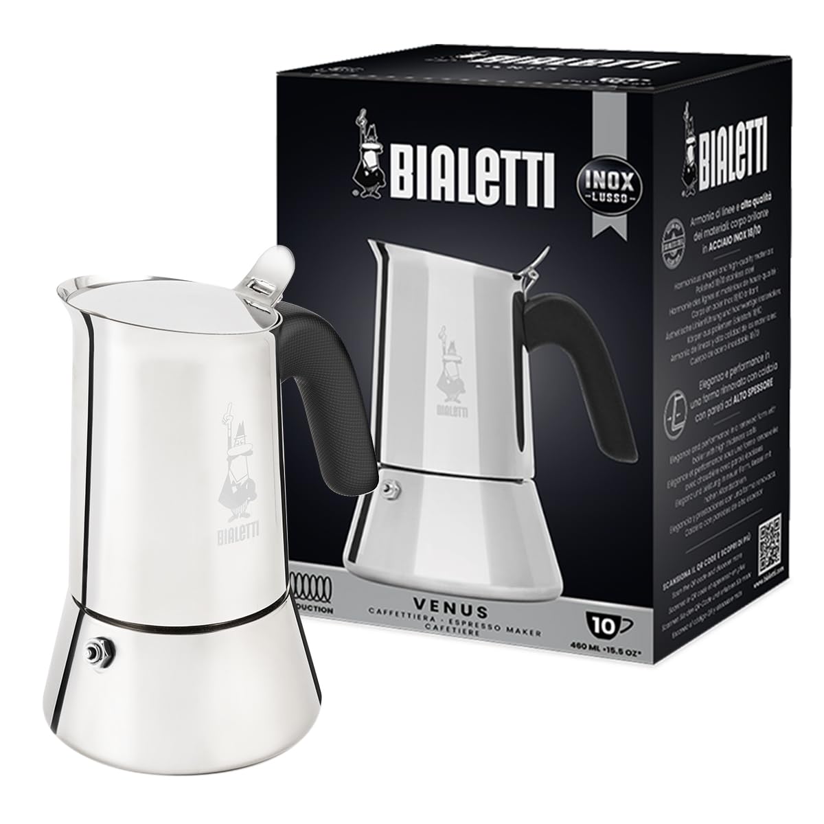Bialetti New Venus Induction Coffee Maker, 10 Cups, Stainless Steel, Silver, Model 0007256/CN