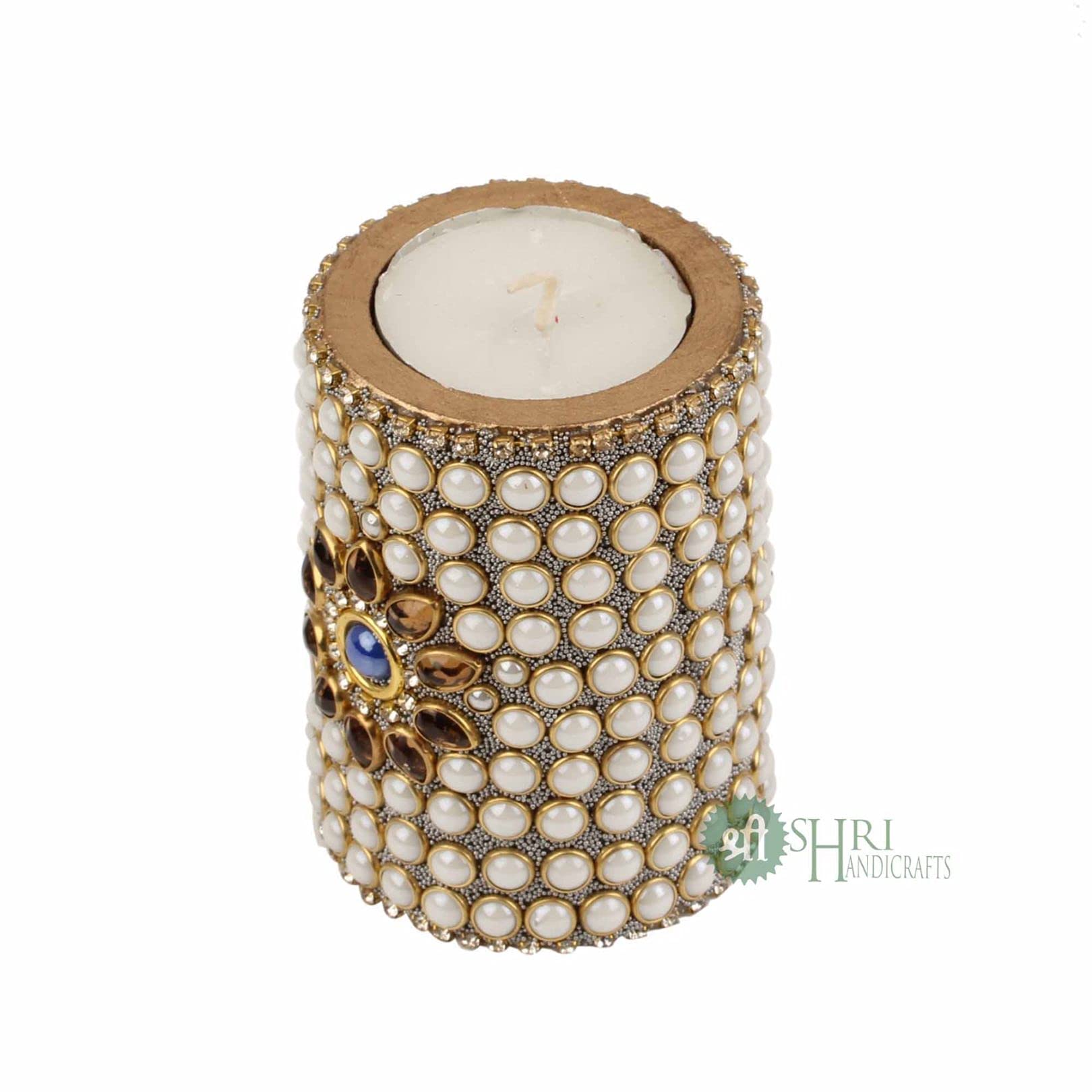 INDICAST Wooden Stone Work Pillar Candle for Home Dcor Set of 3 Handcrafted Diwali Diya Decorative Showpieces Reusable Tealight