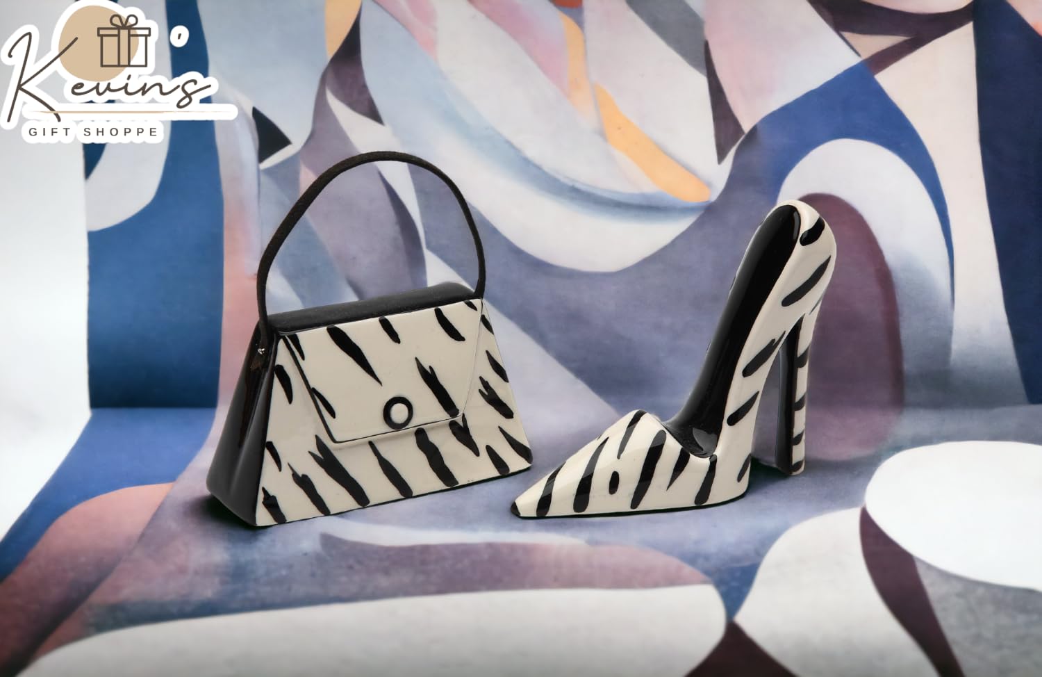 Cosmos Gifts 62807 Fine Ceramic Black and White Zebra Prints Silhouette High Heel Shoe and Purse Salt and Pepper Shakers  3-1/2'' L