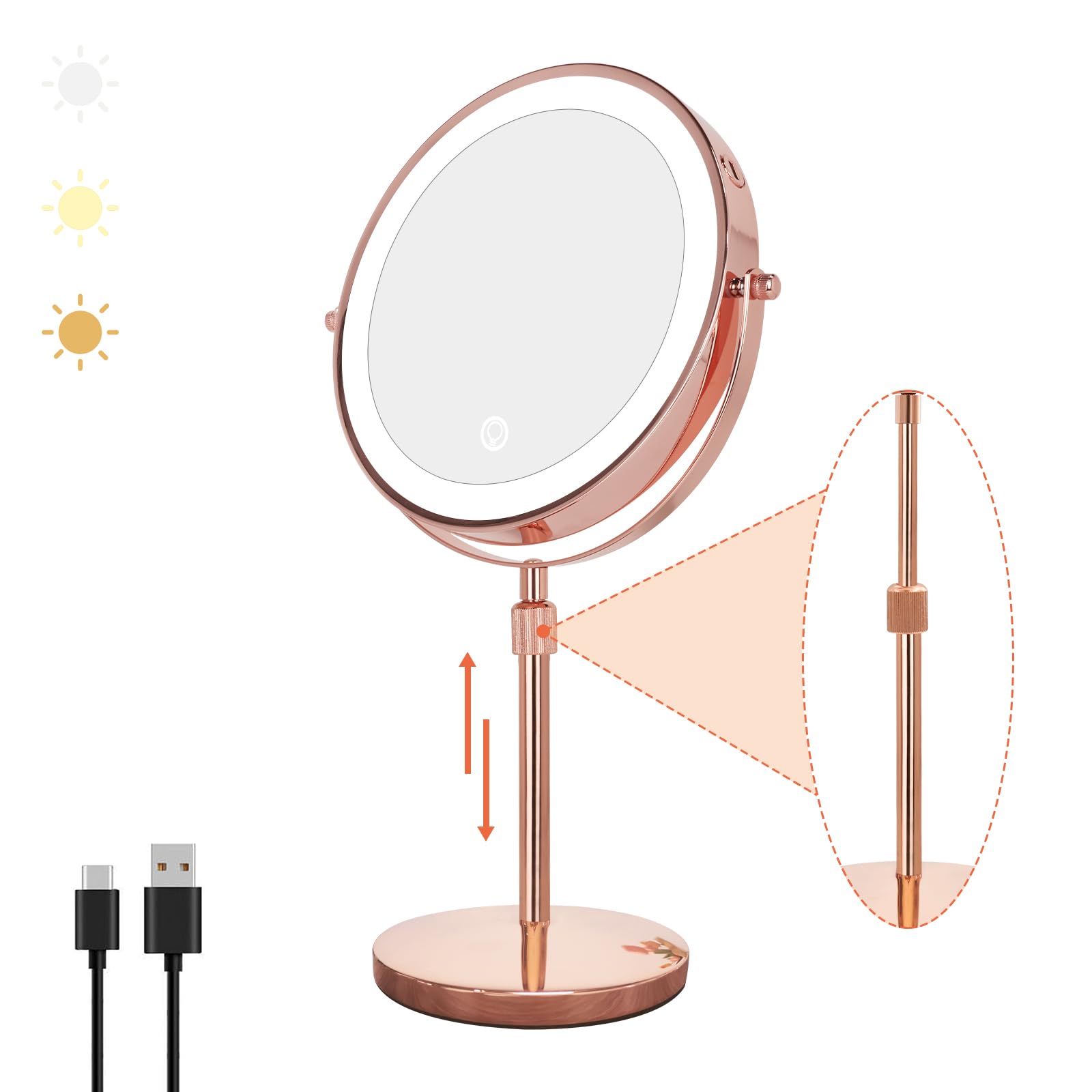 Nicesail Led Make Up Mirror With Lighting, Magnifying Mirror With 3 Color Dimmable Lights, Height Adjustable Stand Up 360Rotatio