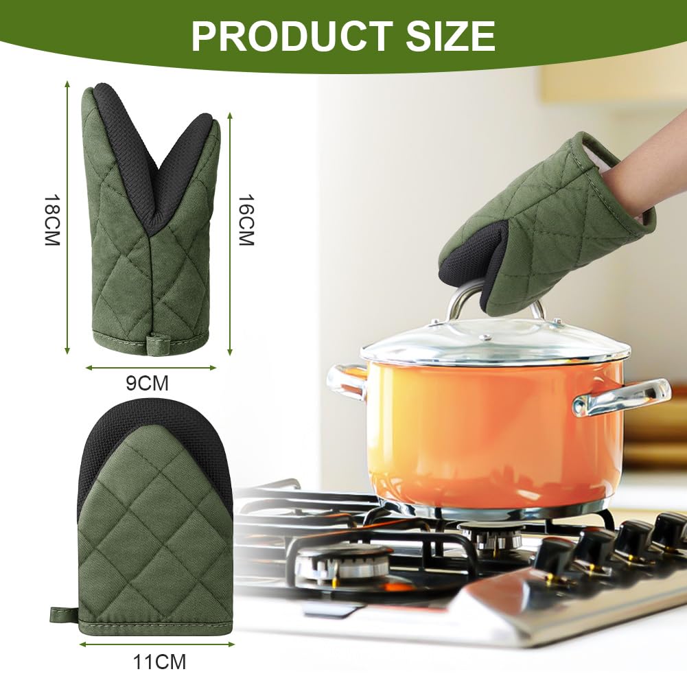 Auauy Mini Oven Mitts, 2 Count Green Small Oven Mitt 220?/428F Heat Resistant With Non-Slip Surface And Hanging Loop Mits, Kitch