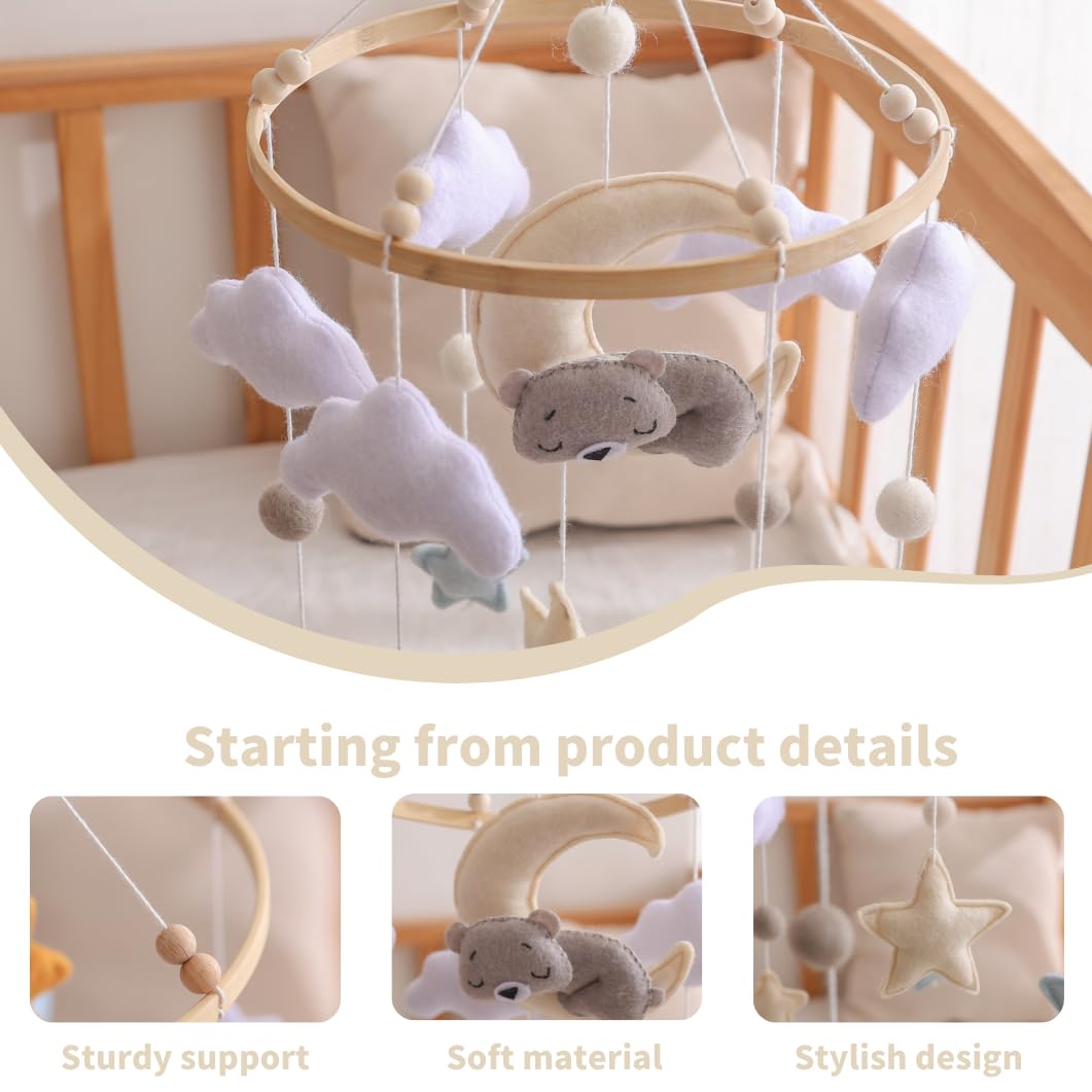 GOODMOM Sleeping Bear Baby Crib Mobile Handmade Soothing Bedtime Baby Mobile for Crib Felt Night Mood Nursery Decor for Baby Boy