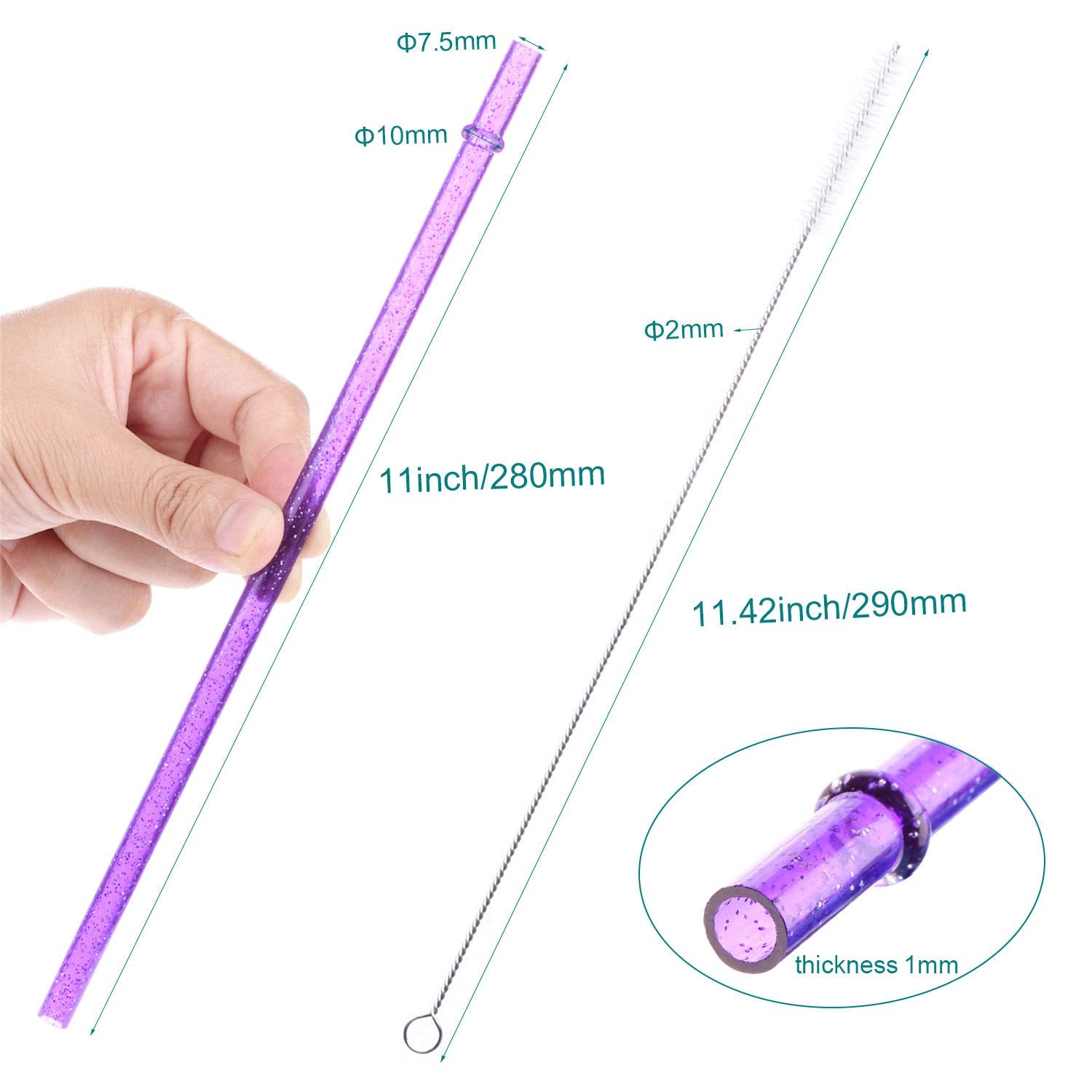 Dakoufish Bpa-Free 12 Piece 11 Inch Reusable Clear Plastic Glitter Sparkle Drinking Straw Plus One Cleaning Brush (Lightpurple,1